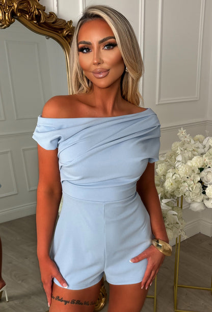 Dixie Dream Blue Ruched Off The Shoulder Playsuit