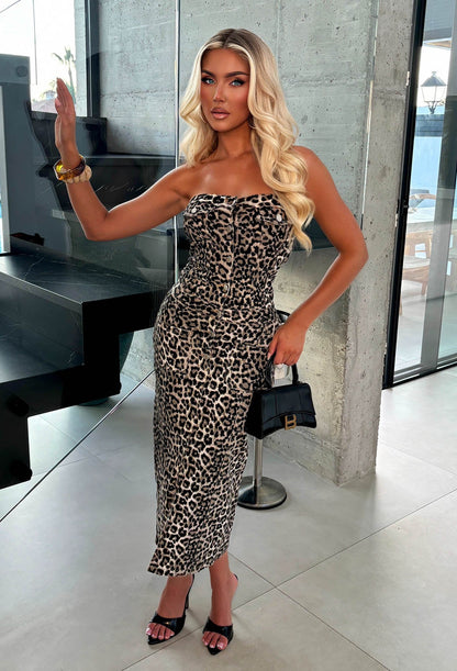 Dora Brown Stretch Denim Leopard Bandeau Dress