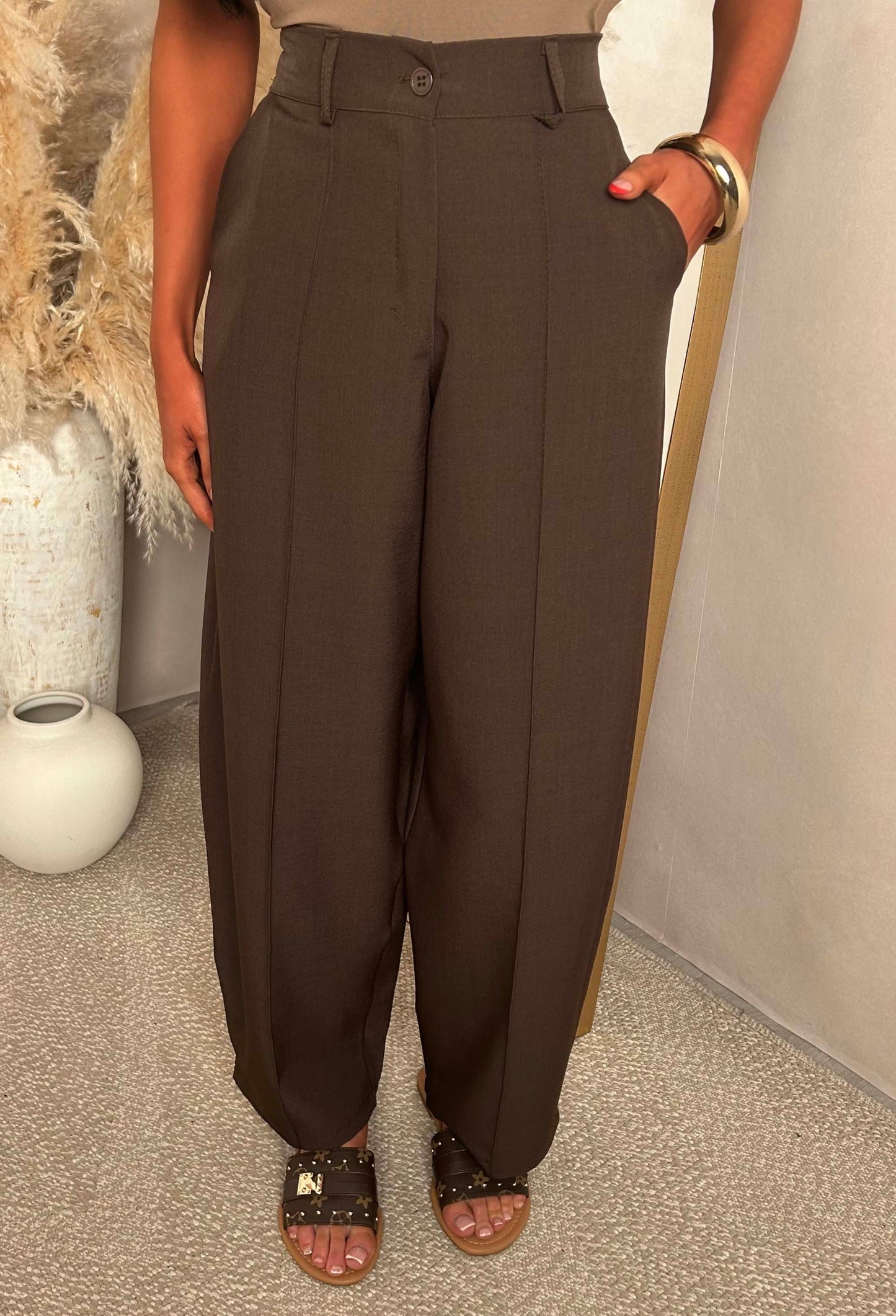 Dress For Success Brown Barrel Fit Elasticated Waistband Trousers