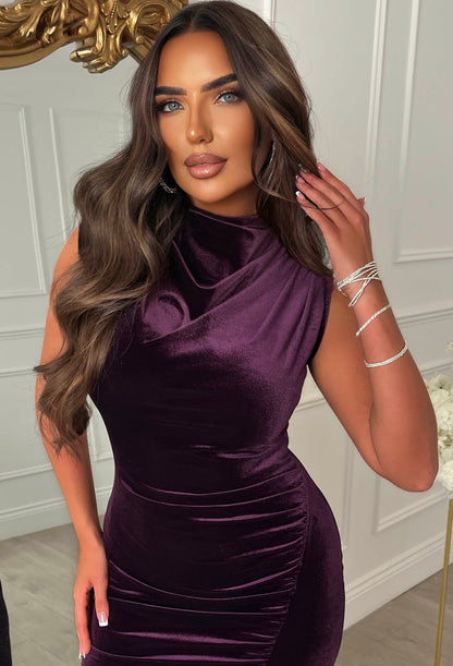Dressed To Impress Purple Velvet Side Split Ruched Midaxi Dress