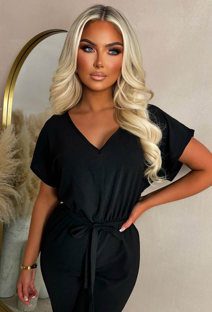 Elegance Everyday Black Elasticated Hem Belted Jumpsuit