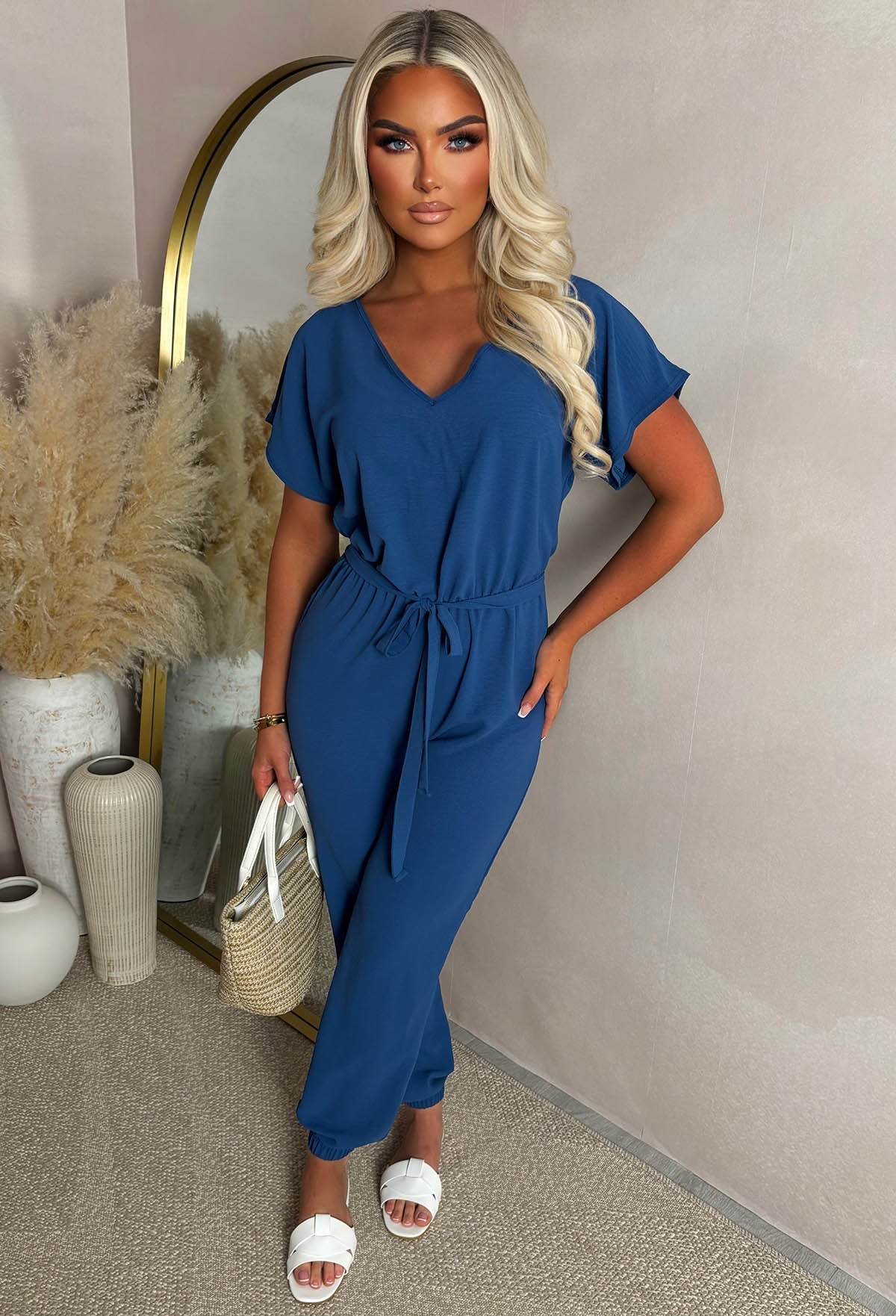 Elegance Everyday Blue Elasticated Hem Belted Jumpsuit