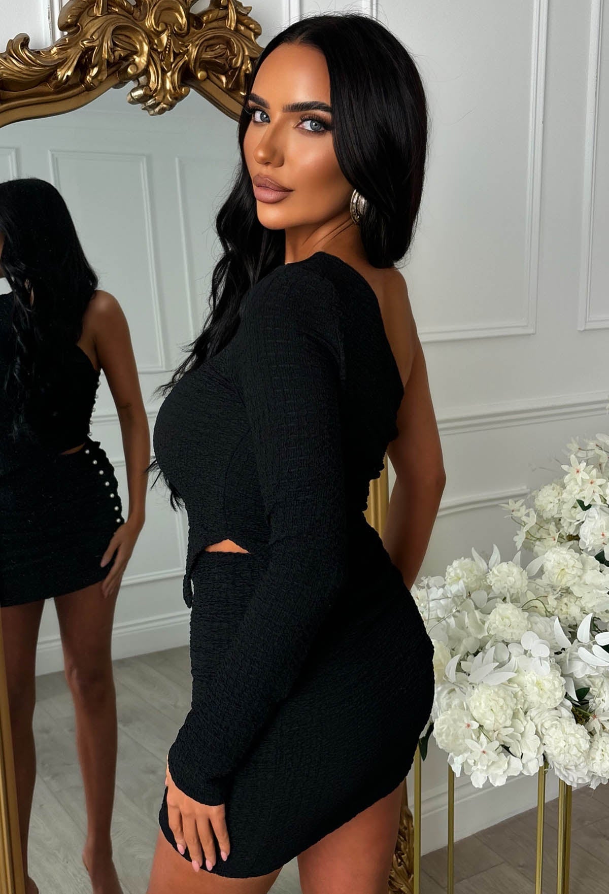 Elegant Always Black Pearl Detail One Shoulder Skirt Co-Ord Set