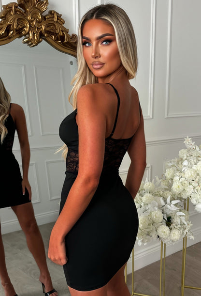 Elegant Eclipse Black Sheer Lace Insert Mini Dress