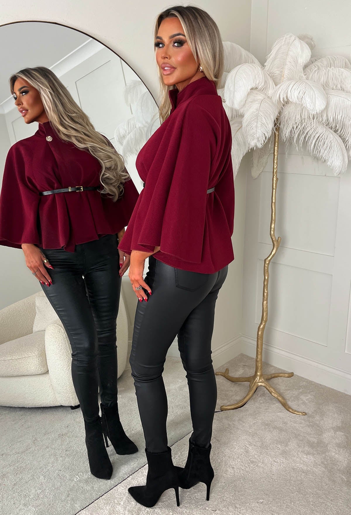 Elegant Escape Burgundy Belted Cape