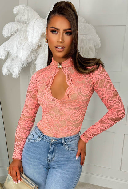 Enchant Mine Coral Keyhole Lace Bodysuit