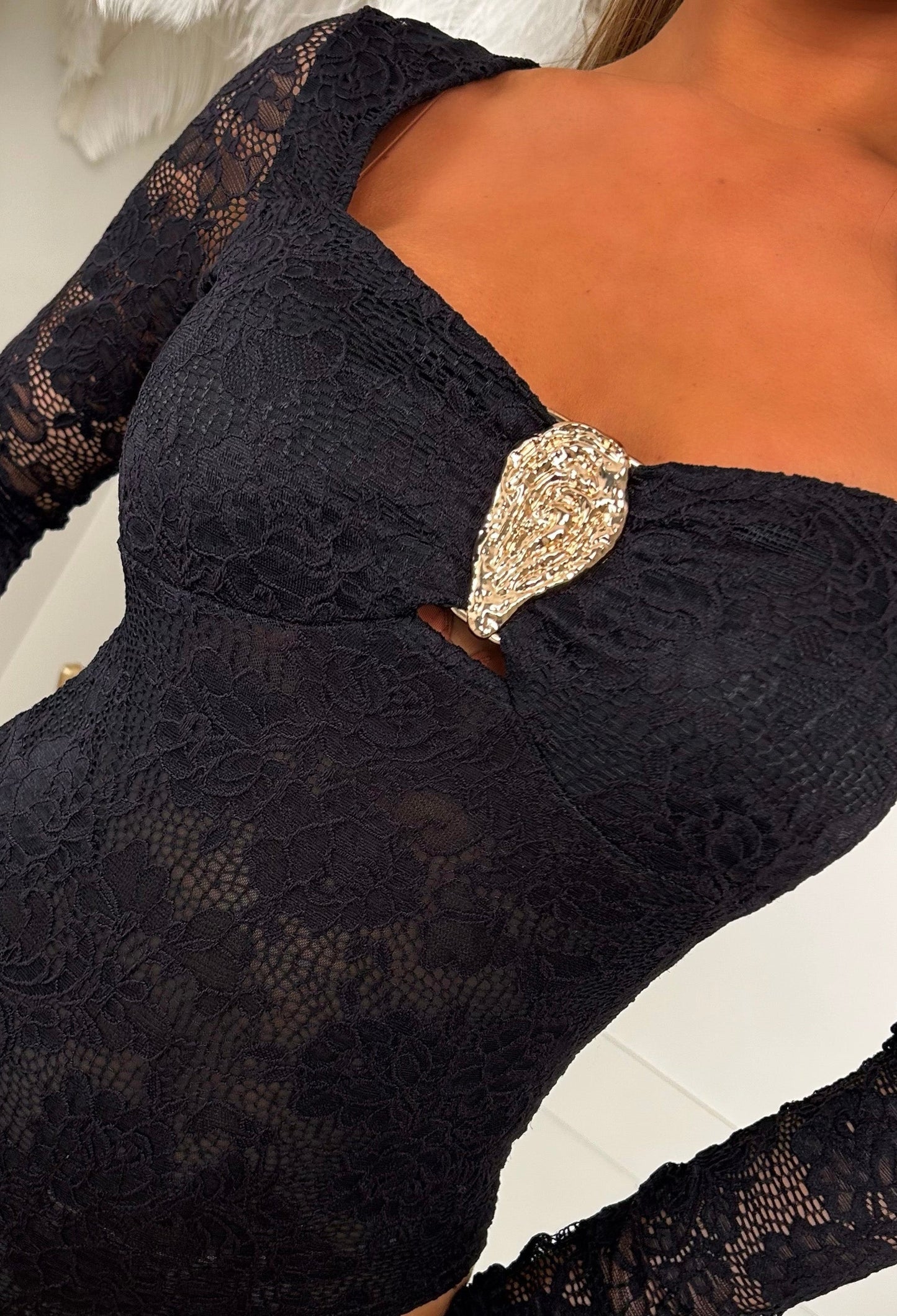 Enchant You Always Black Lace Long Sleeve Bodysuit