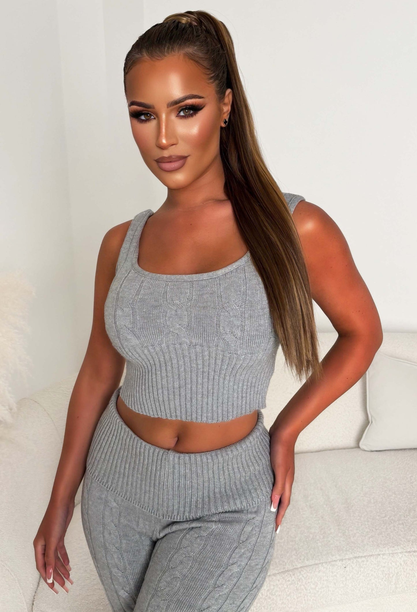 Enchanting Elegance Grey Marl Cable Knitted Lounge Top