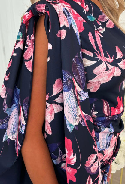 Epitome Of Elegance Navy Floral Bow Draped Shoulder Dress