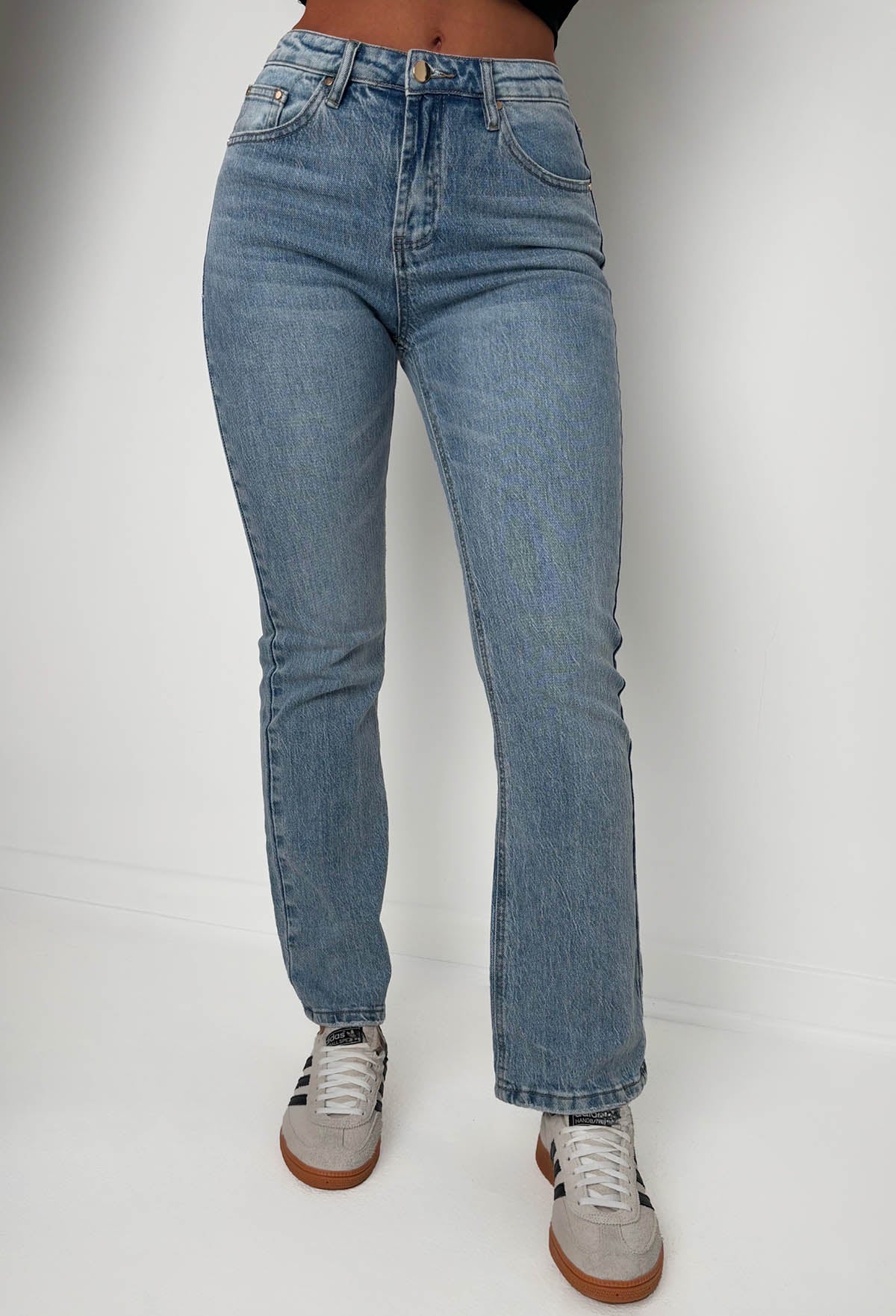Essentially Yours Mid Wash Stretch High Waisted Straight Leg Jeans