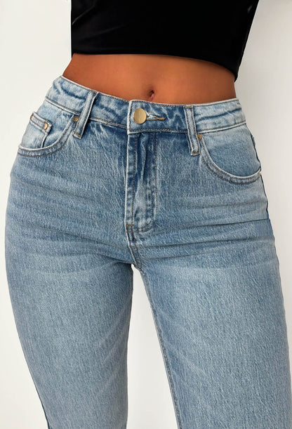 Essentially Yours Mid Wash Stretch High Waisted Straight Leg Jeans