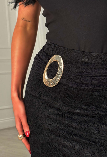 Estelle Black Lace Buckle Detail Leg Slit Midi Skirt