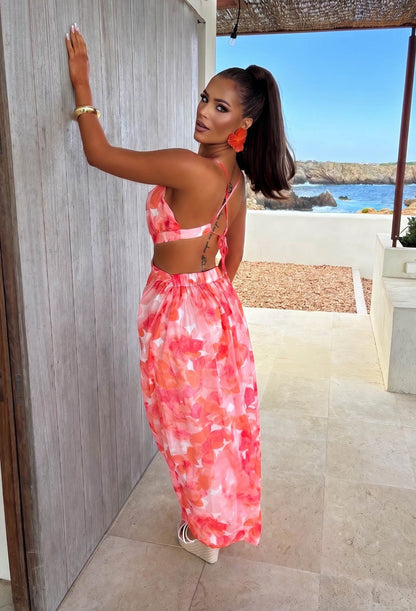 Evening Aura Coral Cut Out Ring Front Maxi Dress