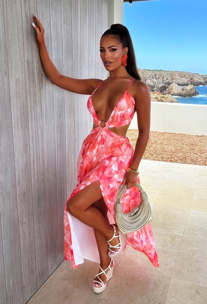 Evening Aura Coral Cut Out Ring Front Maxi Dress