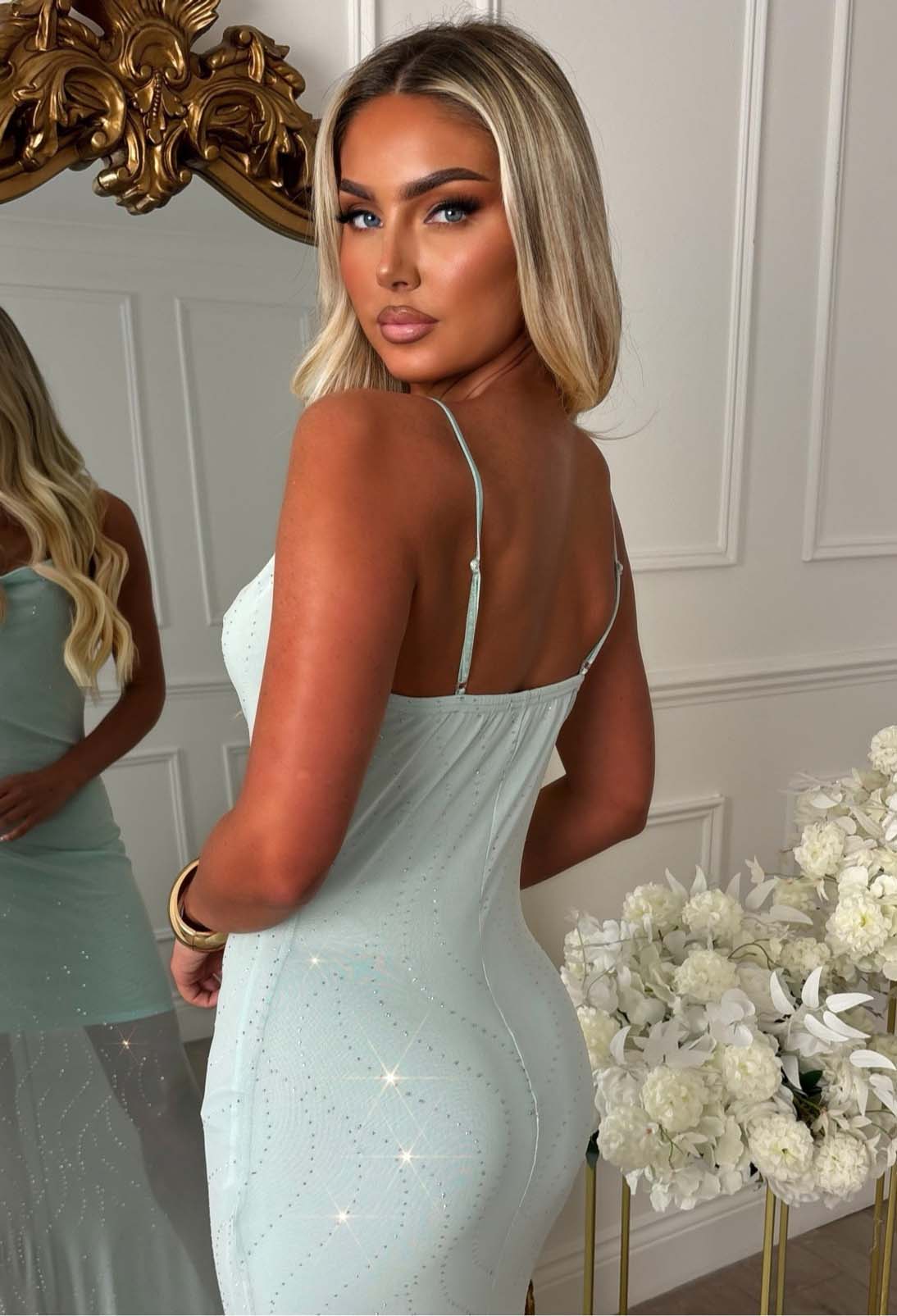 Evening Reverie Aqua Hot Fix Mesh Cowl Maxi Dress
