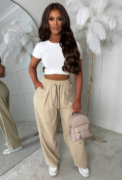 Everyday Destiny Beige Relaxed Crinkle Wide Leg Trousers