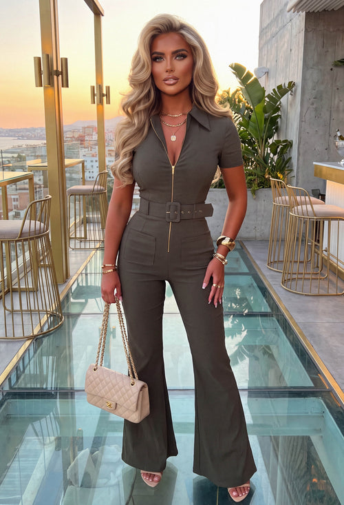 Fatale Babe Khaki Zip Front Short Sleeve Jumpsuit