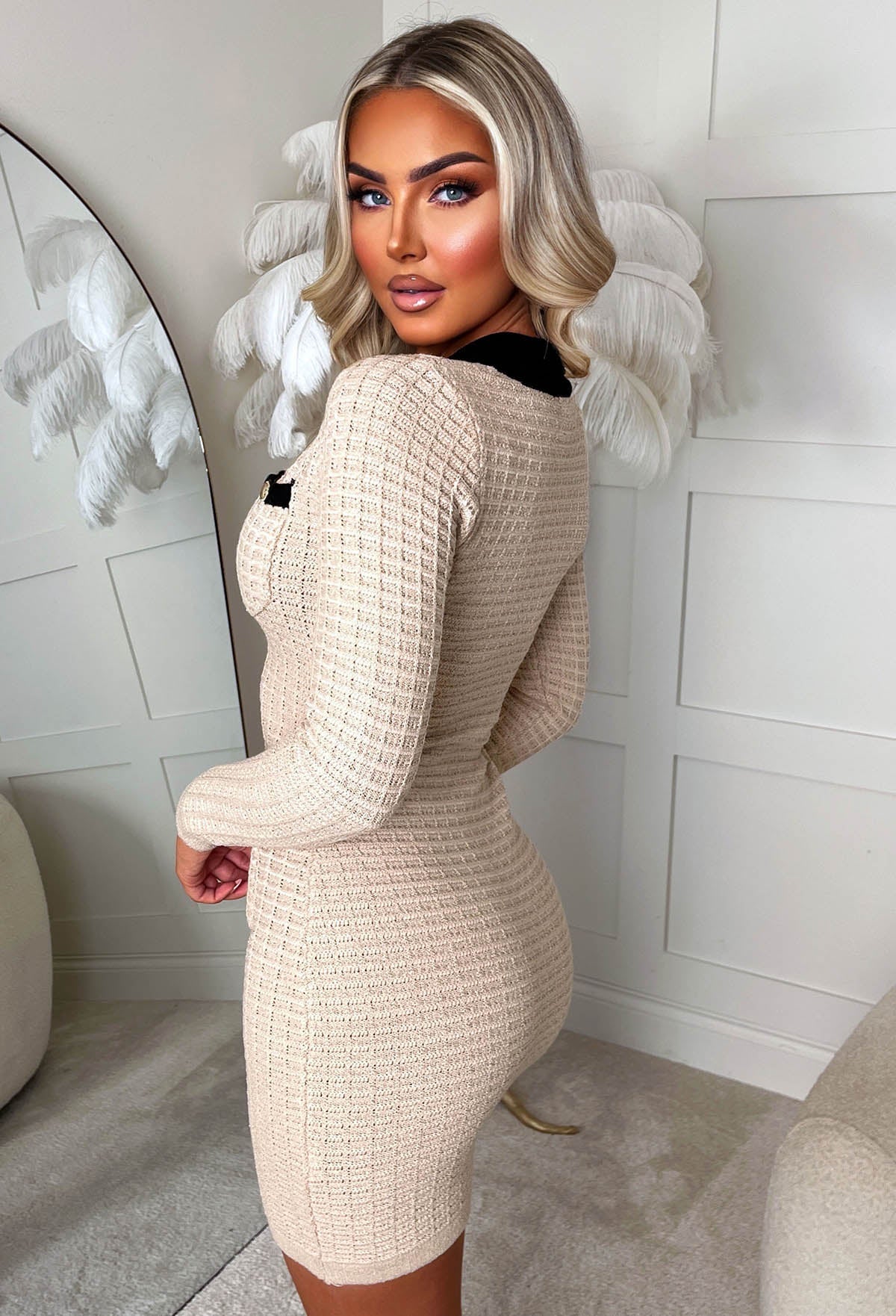Fearless Forever Beige Knitted Contrast Trim Dress