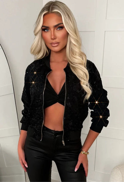 Feeling Lacey Black Lace Sequin Bomber Jacket