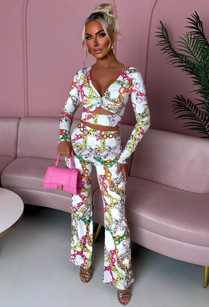 Feeling That White Chain Printed Cut Out Top Co-Ord