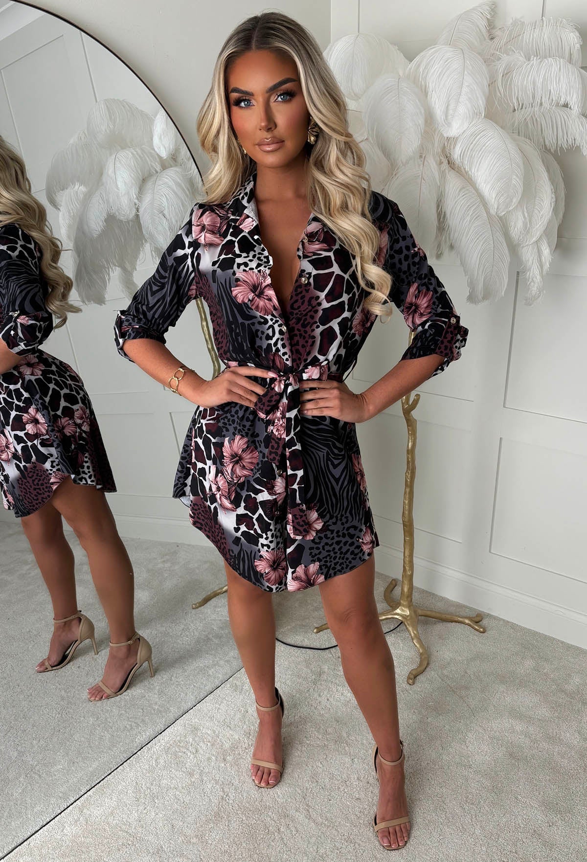 Feline Fancy Multi Mixed Floral Animal Print Shirt Dress