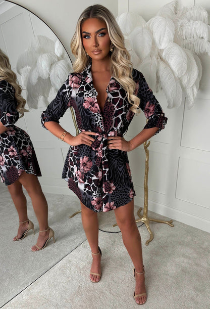 Feline Fancy Multi Mixed Floral Animal Print Shirt Dress