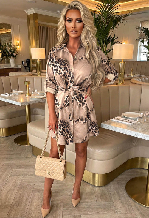 Feline Flawless Brown Faux Suede Animal Print Shirt Dress