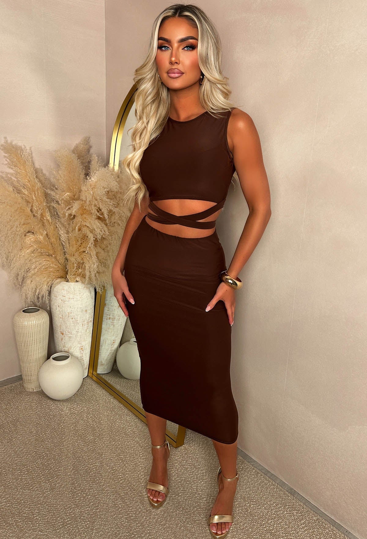 A Match Up Chocolate Brown Midi Wrap Around Co-ord Set