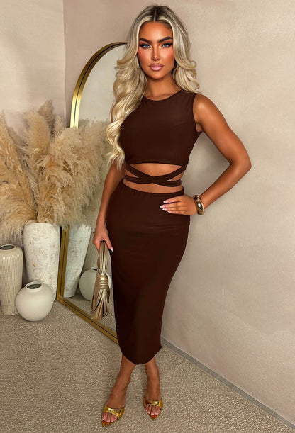A Match Up Chocolate Brown Midi Wrap Around Co-ord Set