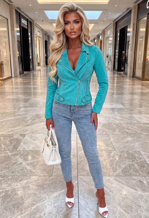 Always Turning Back Aqua Lightweight Faux Suede Biker Jacket